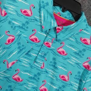Birdie Bound Polo Shirt Mens Medium Teal Flamingo Print Golf Stretch Performance